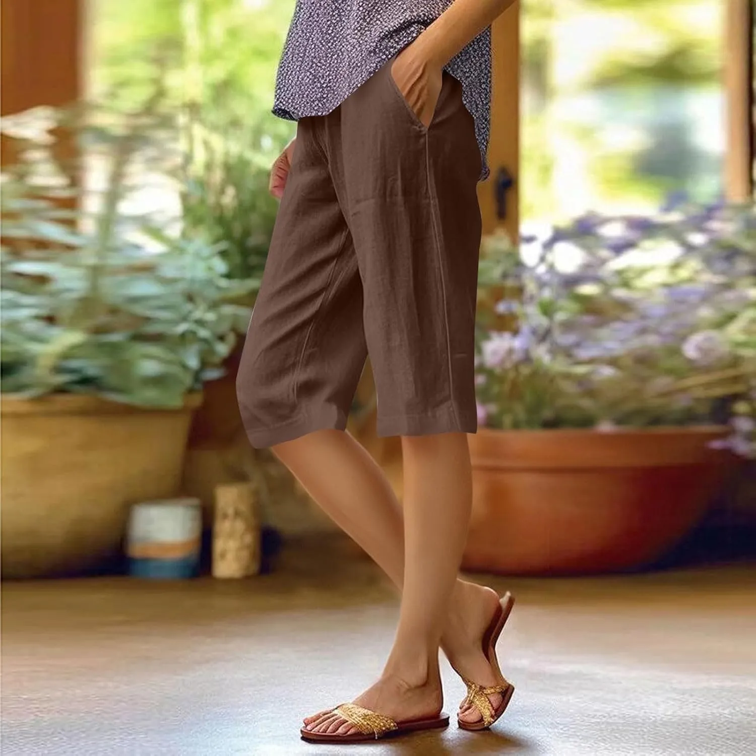 midelxp Linen Bermuda Shorts for Women High Waisted Summer-Shorts Loose Lightweight Knee Length Beach-Shorts with Pockets