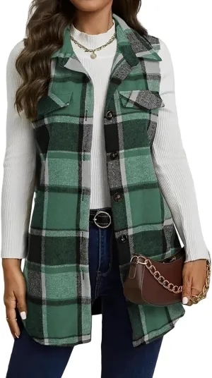 Mmoneyake Plaid Vest for Women Fall Button Down Shirt Jacket Sleeveless Shacket Lightweight Lapel Neck Coat Casual Outwear