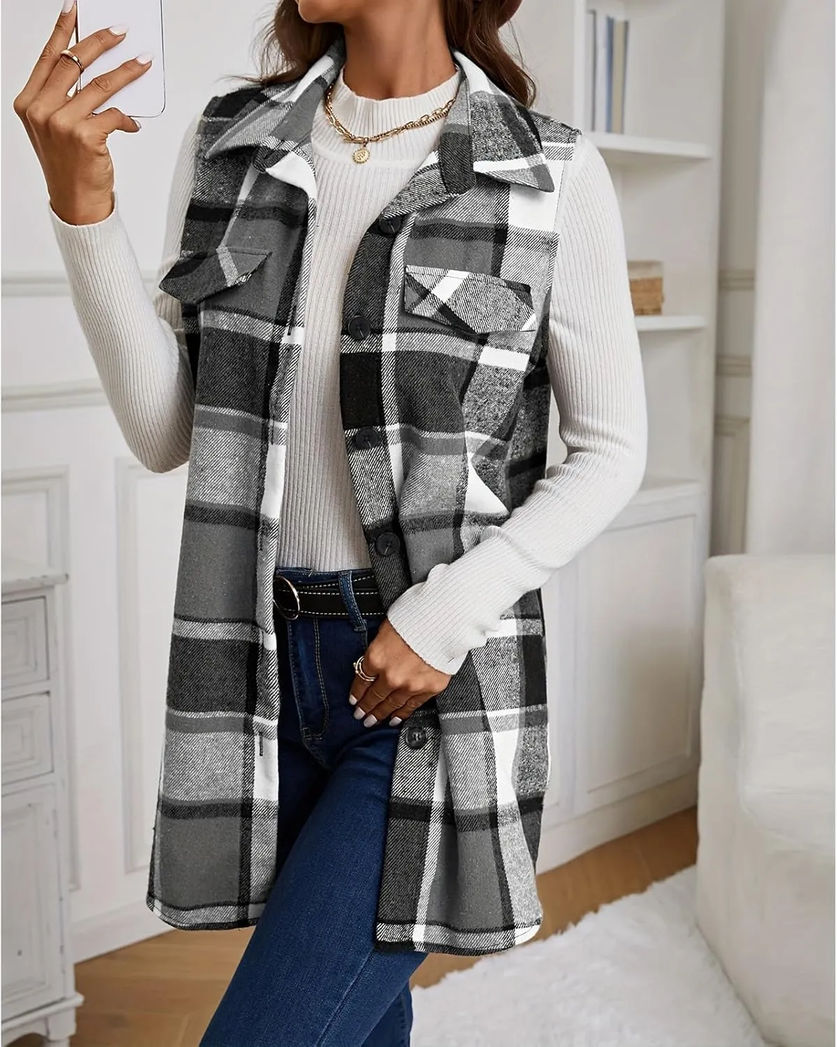 Mmoneyake Plaid Vest for Women Fall Button Down Shirt Jacket Sleeveless Shacket Lightweight Lapel Neck Coat Casual Outwear