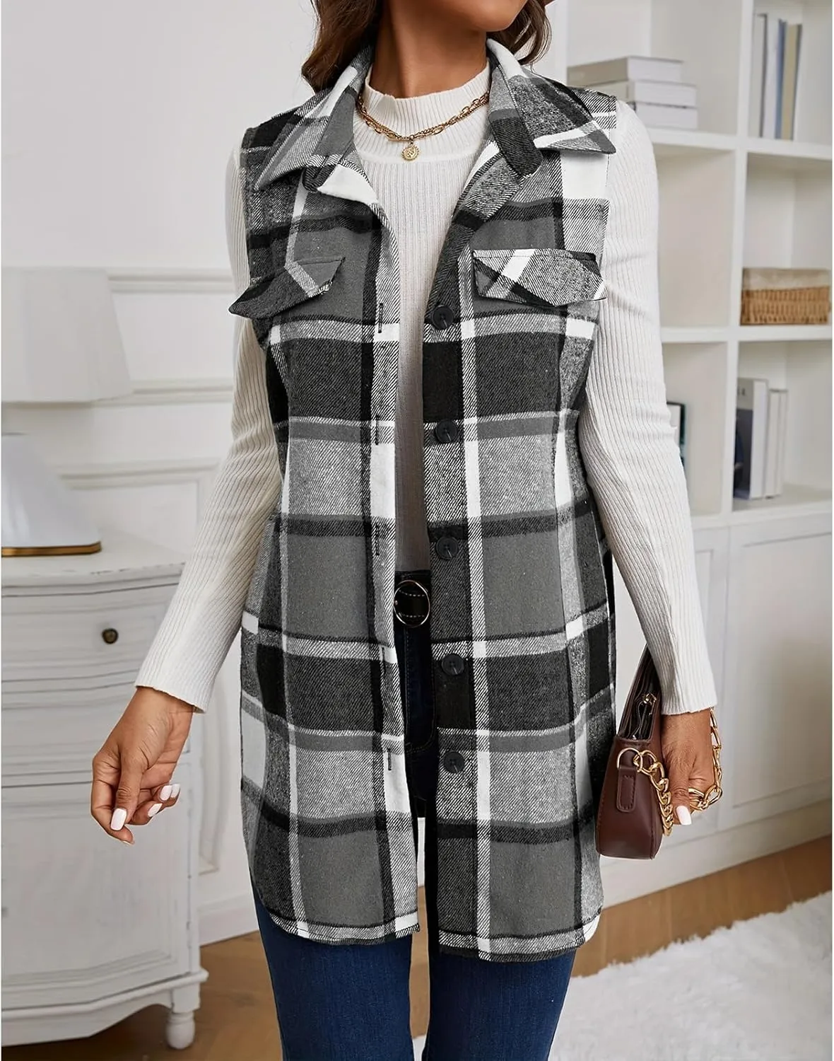 Mmoneyake Plaid Vest for Women Fall Button Down Shirt Jacket Sleeveless Shacket Lightweight Lapel Neck Coat Casual Outwear