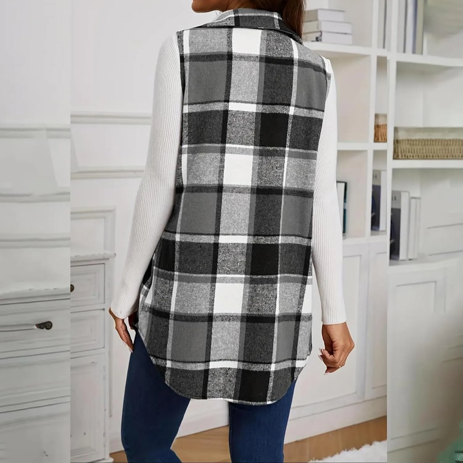 Mmoneyake Plaid Vest for Women Fall Button Down Shirt Jacket Sleeveless Shacket Lightweight Lapel Neck Coat Casual Outwear