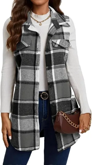 Mmoneyake Plaid Vest for Women Fall Button Down Shirt Jacket Sleeveless Shacket Lightweight Lapel Neck Coat Casual Outwear