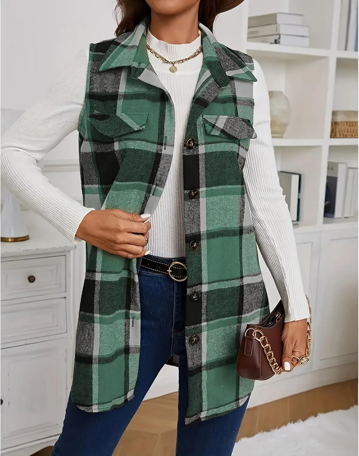 Mmoneyake Plaid Vest for Women Fall Button Down Sleeveless Shacket Shirt Lightweight Casual Jacket Cardigan Christmas Outfits