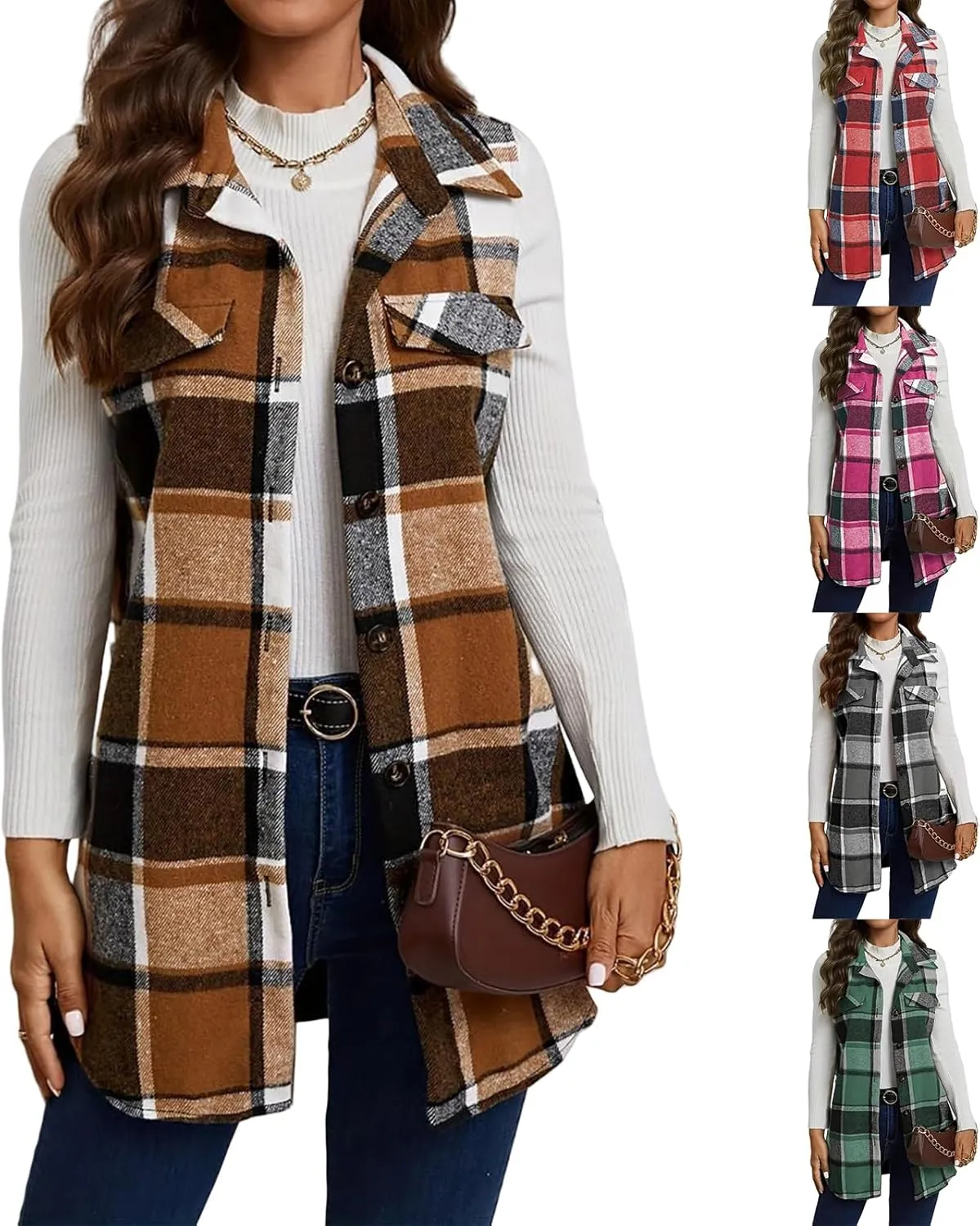 Mmoneyake Plaid Vest for Women Fall Button Down Sleeveless Shacket Shirt Lightweight Casual Jacket Cardigan Christmas Outfits