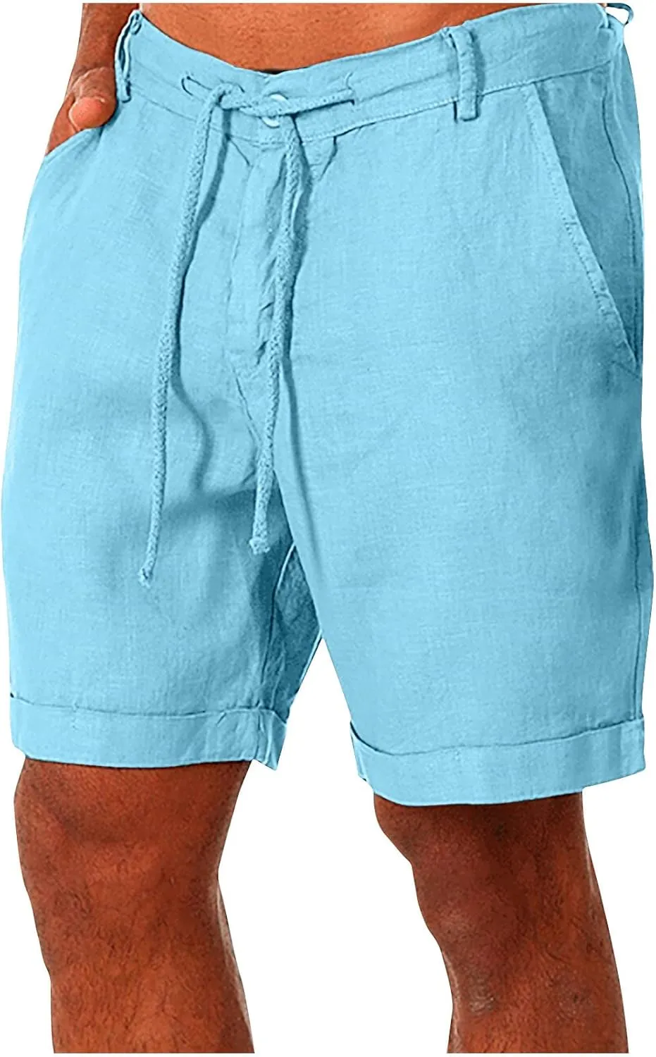 Muscularfit Mens Casual Shorts Flex Drawstring Elastic Waist Summer Beach Short with Pockets 5 Inch Inseam Cotton Linen Short