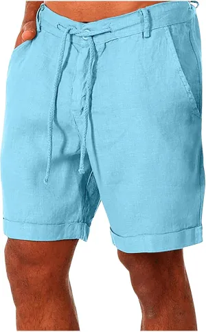 Muscularfit Mens Casual Shorts Flex Drawstring Elastic Waist Summer Beach Short with Pockets 5 Inch Inseam Cotton Linen Short