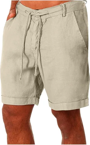 Muscularfit Mens Casual Shorts Flex Drawstring Elastic Waist Summer Beach Short with Pockets 5 Inch Inseam Cotton Linen Short