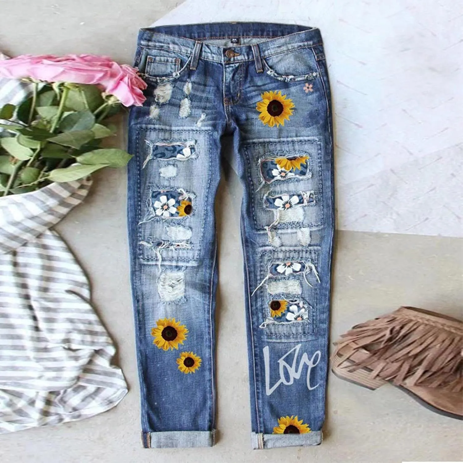 Muyise Boyfriend Jeans for Women Patchwork Distressed Casual Ripped Jeans Stretch Straight Leg Denim Trousers with Pockets