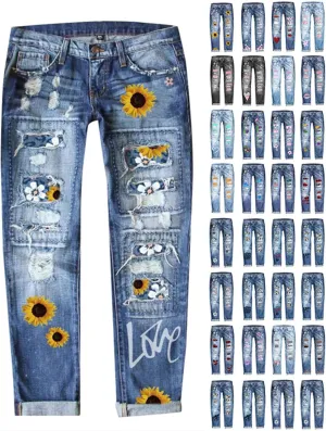Muyise Boyfriend Jeans for Women Patchwork Distressed Casual Ripped Jeans Stretch Straight Leg Denim Trousers with Pockets