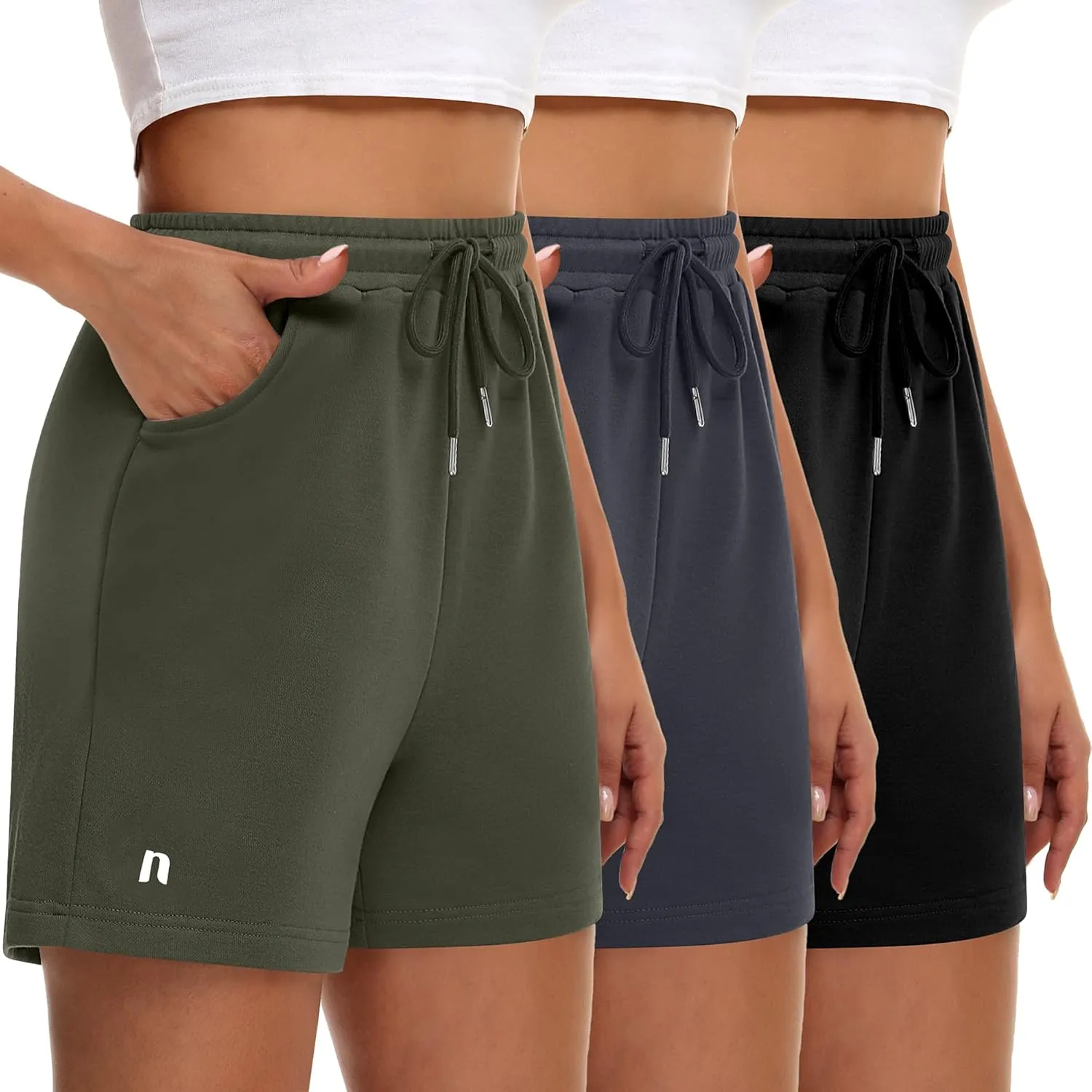 Neer 3 Pack Women's Sweat Shorts, Drawstring Running Short with Pockets, Summer Athletic Casual Walking Gym Lounge Short