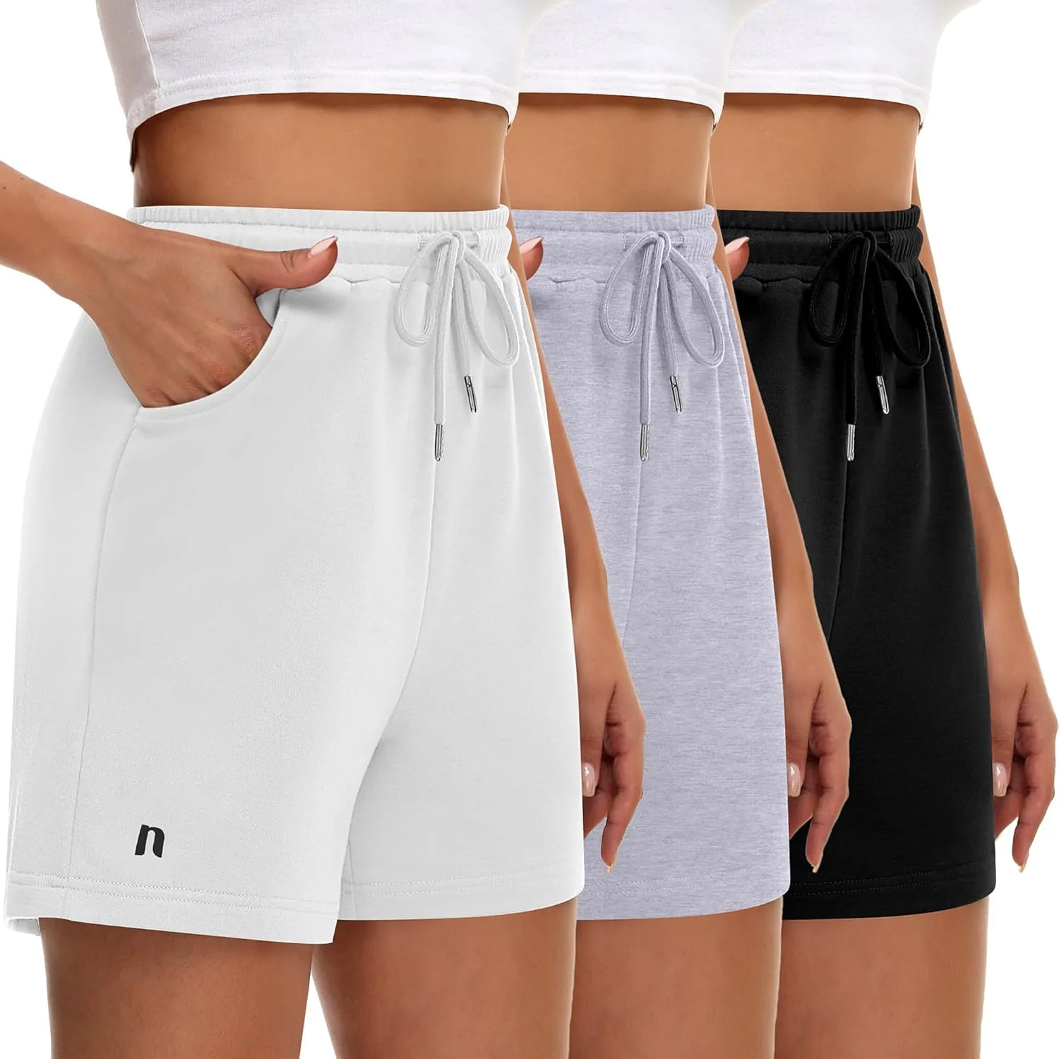 Neer 3 Pack Women's Sweat Shorts, Drawstring Running Short with Pockets, Summer Athletic Casual Walking Gym Lounge Short