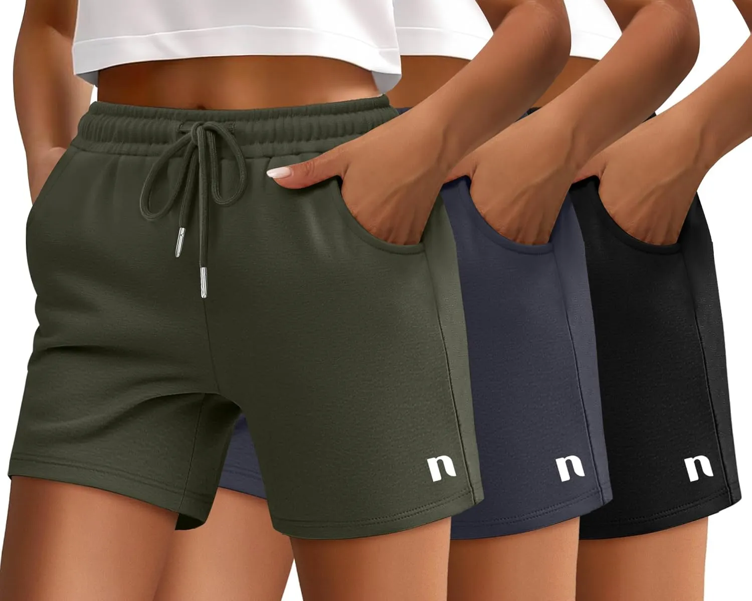 Neer 3 Pack Women's Sweat Shorts, Drawstring Running Short with Pockets, Summer Athletic Casual Walking Gym Lounge Short