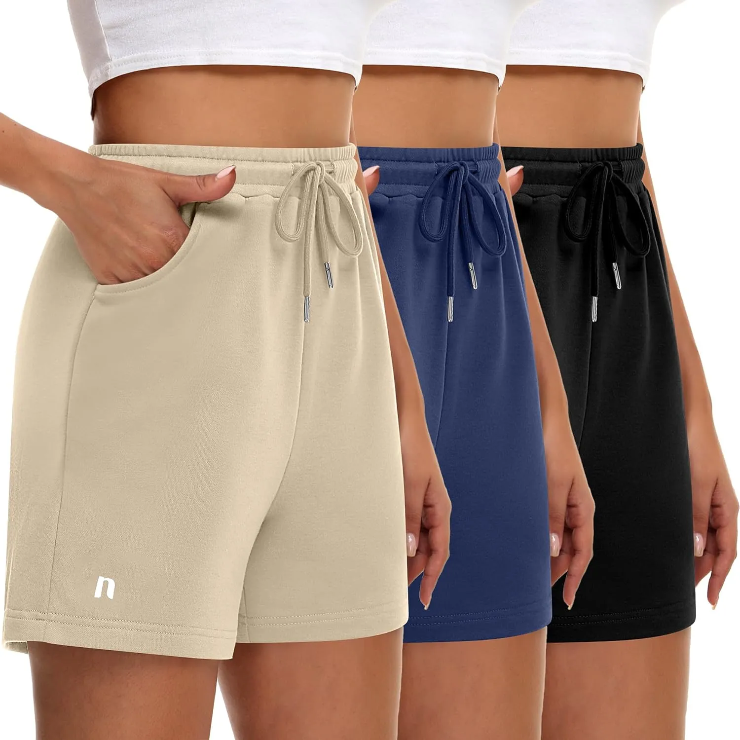 Neer 3 Pack Women's Sweat Shorts, Drawstring Running Short with Pockets, Summer Athletic Casual Walking Gym Lounge Short