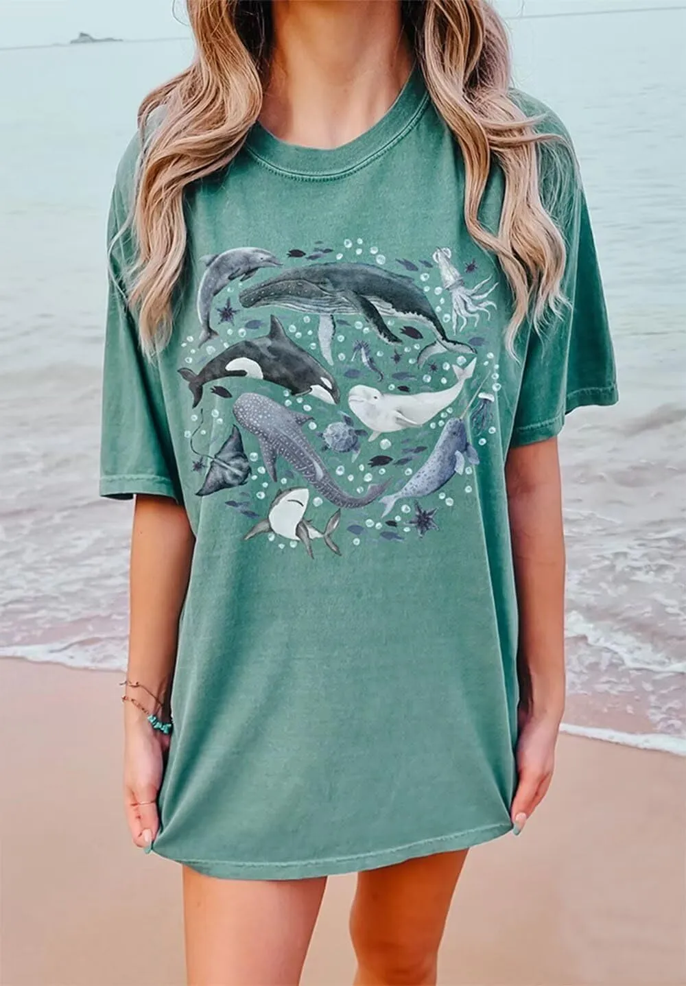 Oversized Tshirts Cute Tops for Women Shark Flower Graphic Tees Tops Summer Casual Loose Beach Vacation Shirts
