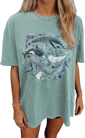 Oversized Tshirts Cute Tops for Women Shark Flower Graphic Tees Tops Summer Casual Loose Beach Vacation Shirts