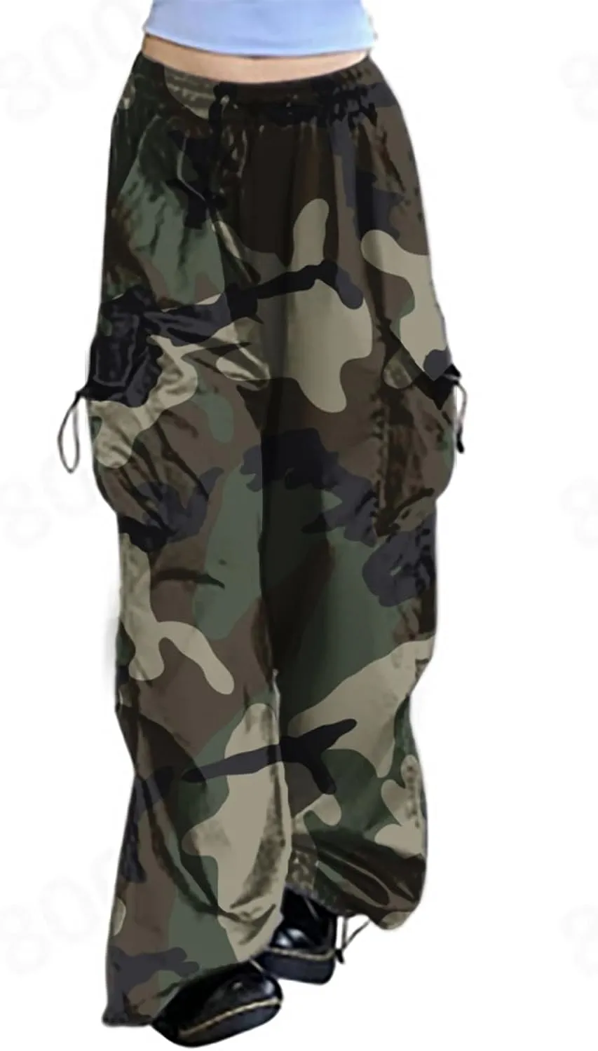 Parachute Pants for Women,Casual Loose Baggy Hiking Cargo Pants Hip Hop Streetwear Wide Leg Sweatpants with Pockets