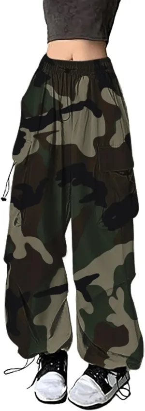 Parachute Pants for Women,Casual Loose Baggy Hiking Cargo Pants Hip Hop Streetwear Wide Leg Sweatpants with Pockets