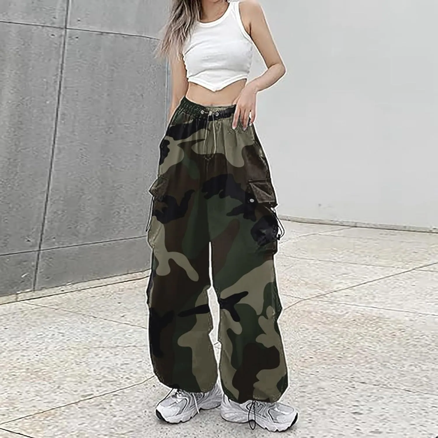 Parachute Pants for Women,Casual Loose Baggy Hiking Cargo Pants Hip Hop Streetwear Wide Leg Sweatpants with Pockets