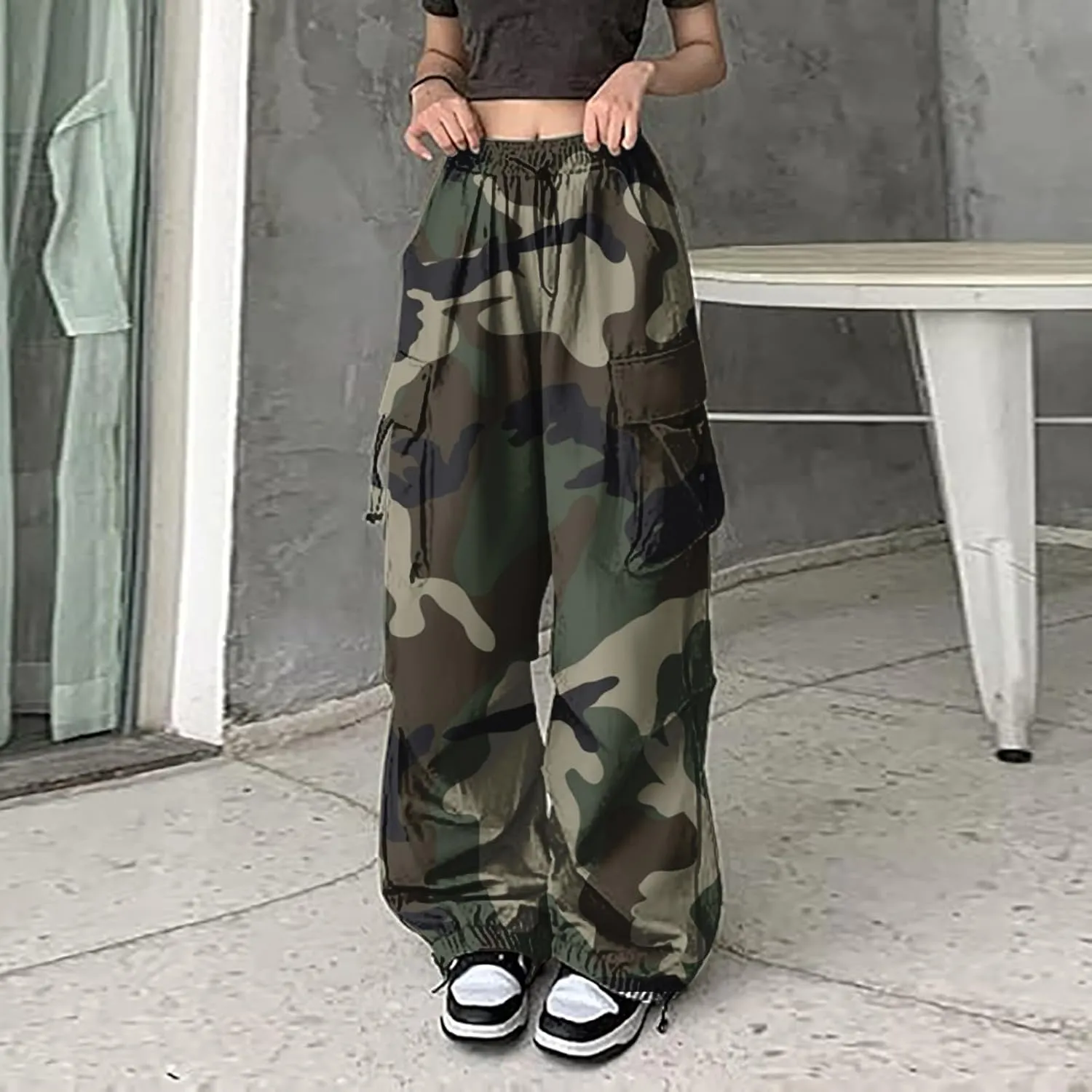 Parachute Pants for Women,Casual Loose Baggy Hiking Cargo Pants Hip Hop Streetwear Wide Leg Sweatpants with Pockets