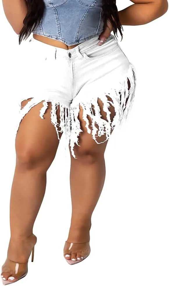PINSV Women Plus Size Fringe Denim Shorts Tassels Jean Short Pants
