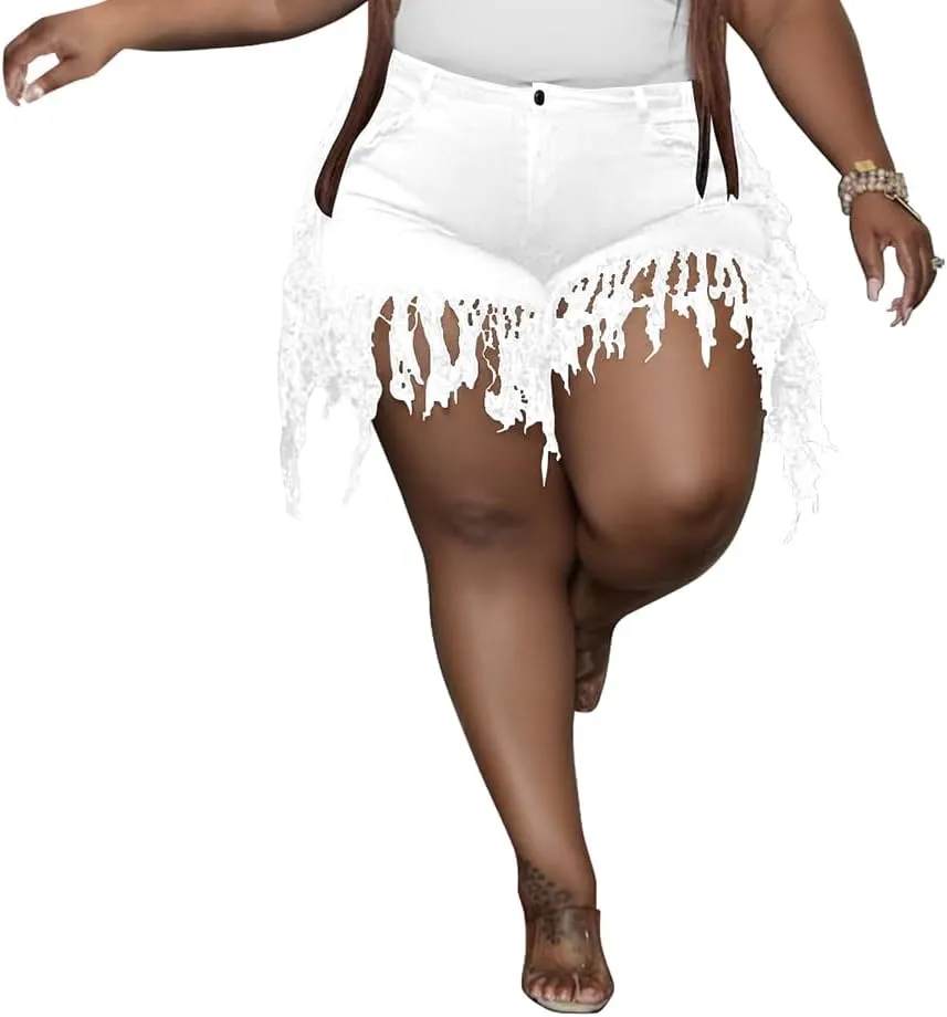 PINSV Women Plus Size Fringe Denim Shorts Tassels Jean Short Pants