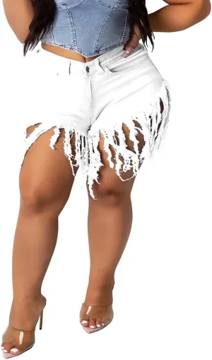 PINSV Women Plus Size Fringe Denim Shorts Tassels Jean Short Pants