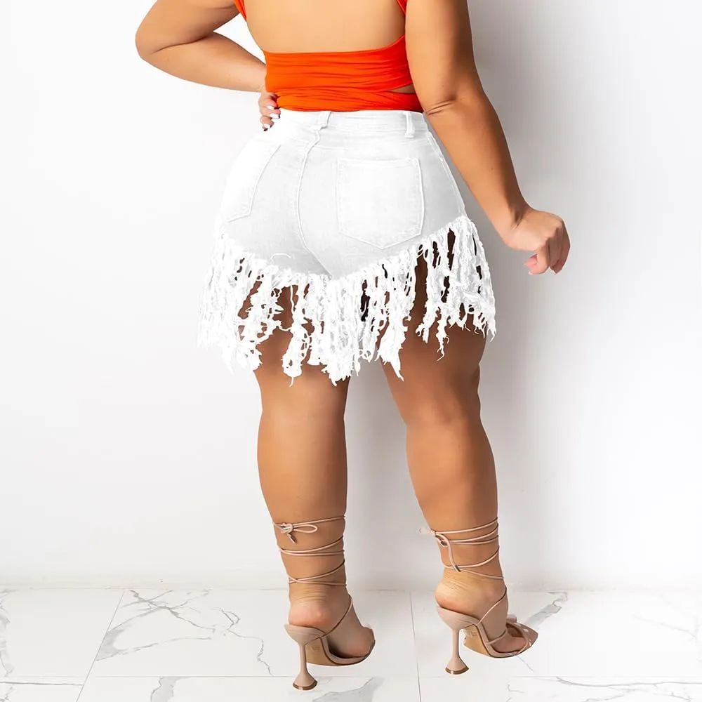 PINSV Women Plus Size Fringe Denim Shorts Tassels Jean Short Pants