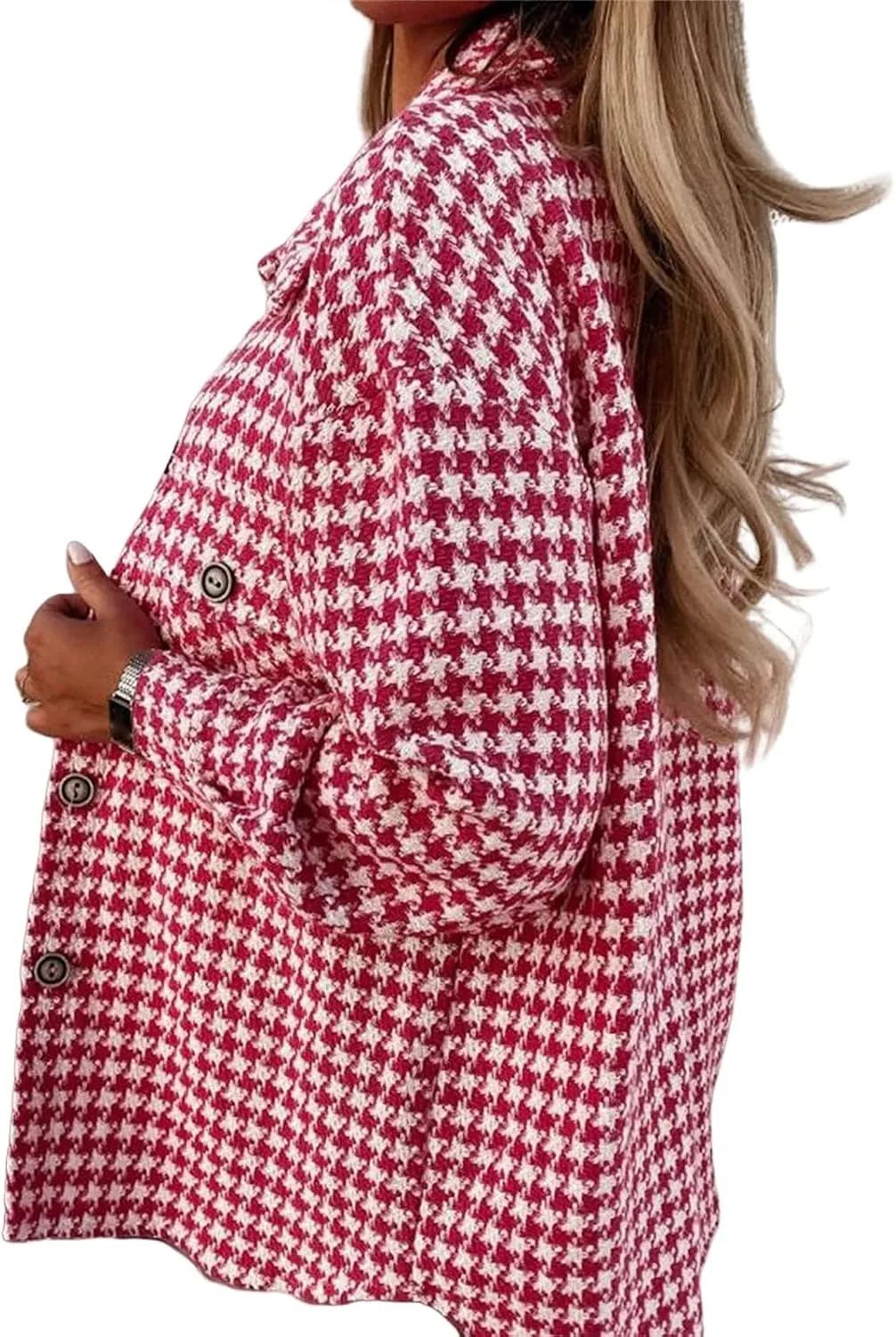 Plaid Jacket Women Long Sleeve Button Down Shirt Casual Houndstooth Jacket Wool Blend Coat Outwear with Pockets