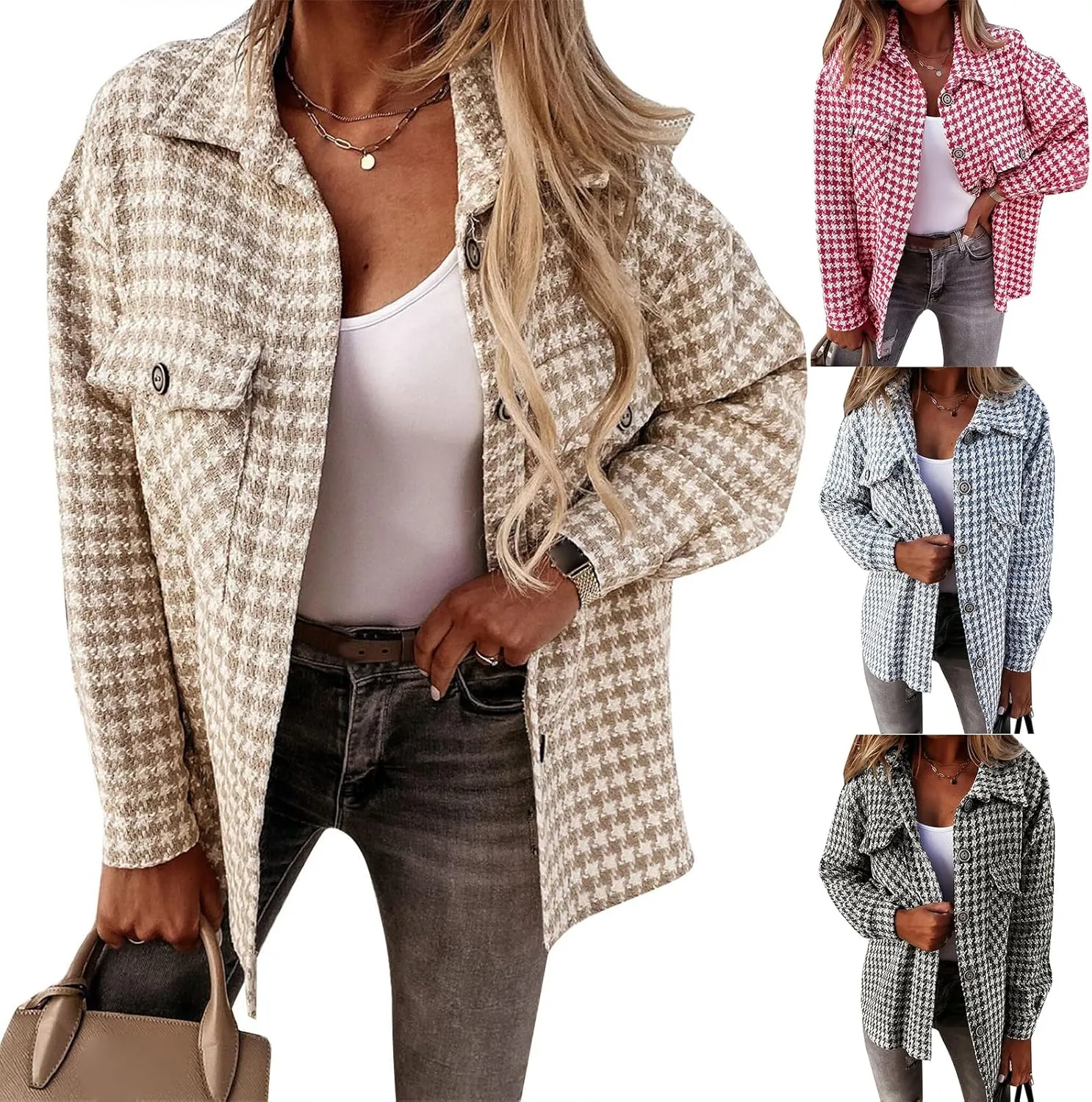 Plaid Jacket Women Long Sleeve Button Down Shirt Casual Houndstooth Jacket Wool Blend Coat Outwear with Pockets