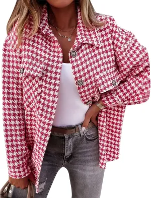 Plaid Jacket Women Long Sleeve Button Down Shirt Casual Houndstooth Jacket Wool Blend Coat Outwear with Pockets