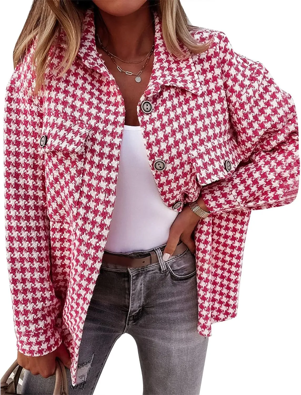 Plaid Jacket Women Long Sleeve Button Down Shirt Casual Houndstooth Jacket Wool Blend Coat Outwear with Pockets