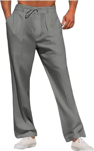 Plus Size Linen Pants for Men Casual Elastic Waist Lightweight Loose Fit Trousers Solid Business Wide Leg Suit Pant