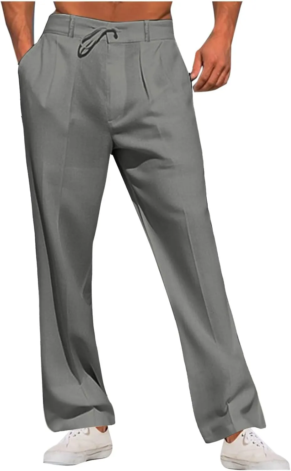 Plus Size Linen Pants for Men Casual Elastic Waist Lightweight Loose Fit Trousers Solid Business Wide Leg Suit Pant