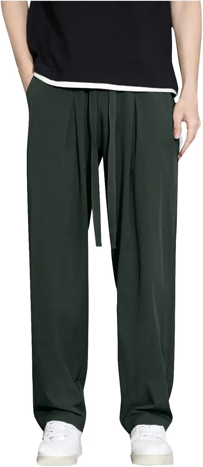 Plus Size Pants for Men Elastic Waist Drawstring Straight Leg Lounge Pant Casual Solid Loose Trousers with Pockets