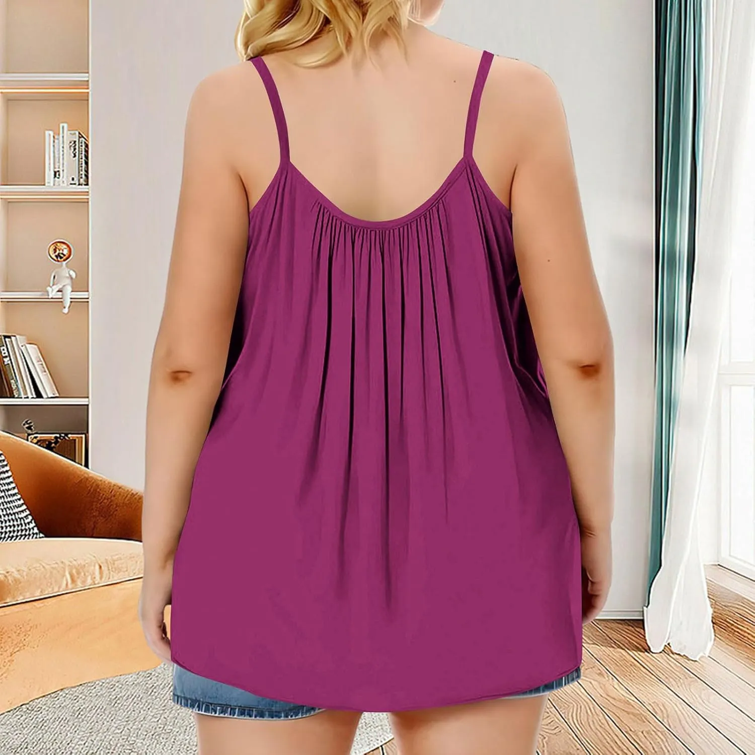 Plus Size Sleeveless Tops for Women Summer Spaghetti Strap Camisole Pleated Front Casual Loose Flowy Tank Tops