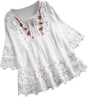 Plus Size Tops for Women 3/4 Sleeve Cotton Linen T-Shirt Dressy Tie V Neck Vintage Crochet Lace Tunic Loose Fit Blouse
