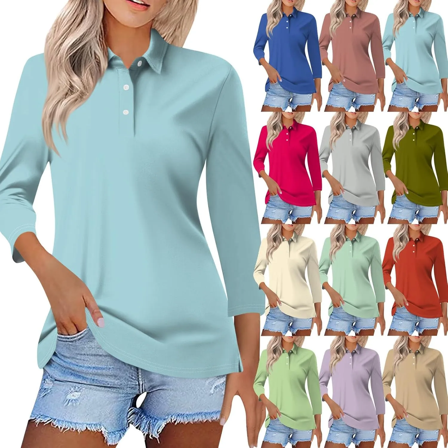 Polo Shirts for Women Summer Tops Button Down 3/4 Sleeve Golf Tees Shirts Lapel Collared Shirts Office Wear for Work