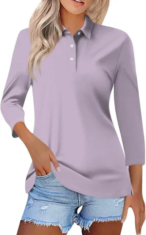 Polo Shirts for Women Summer Tops Button Down 3/4 Sleeve Golf Tees Shirts Lapel Collared Shirts Office Wear for Work