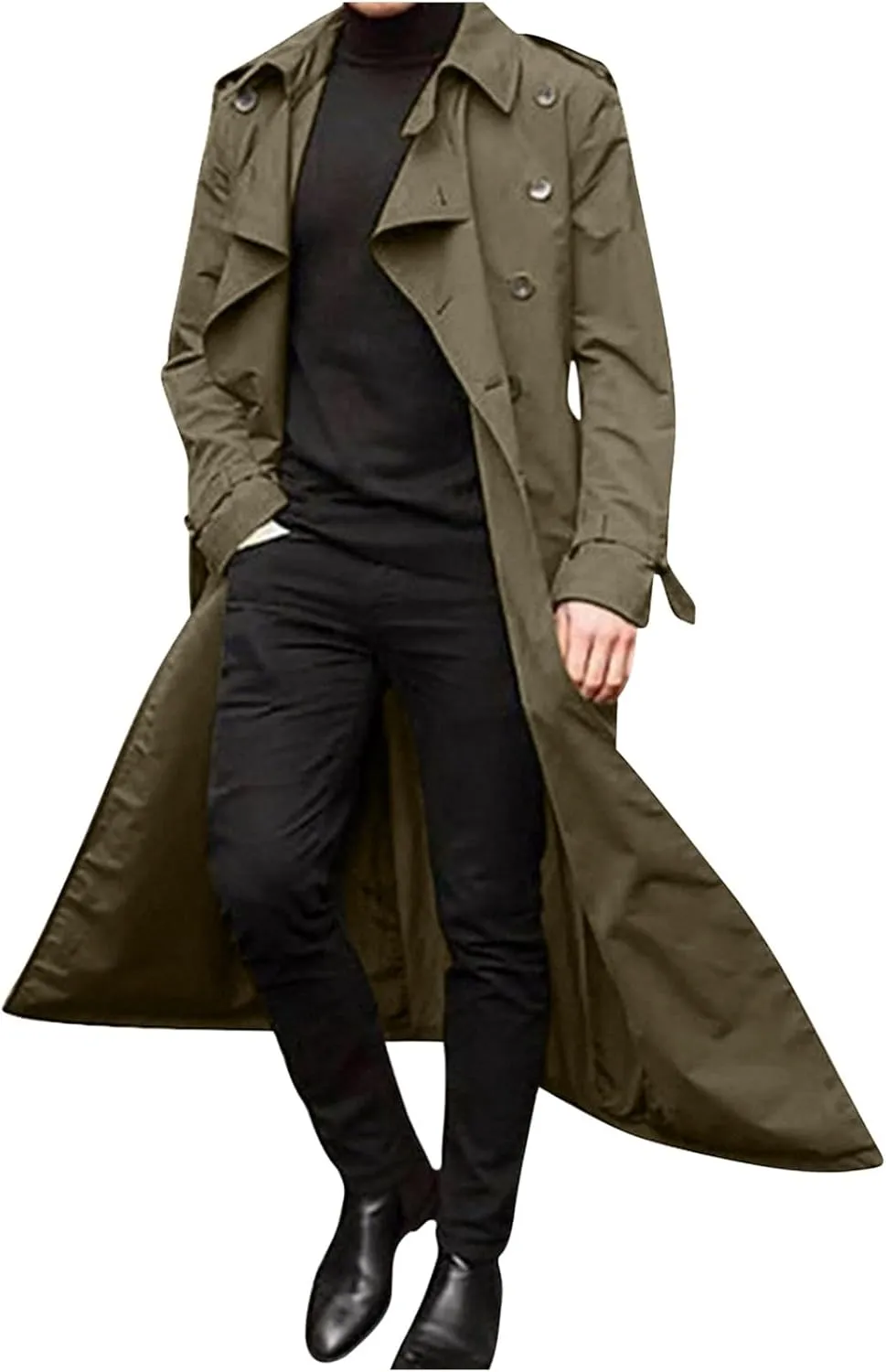 QWENTMTNTY Mens Long Trench Coat Double Breasted Belted Trench Coat Oversized Jacket Casual Business Windbreaker Overcoats