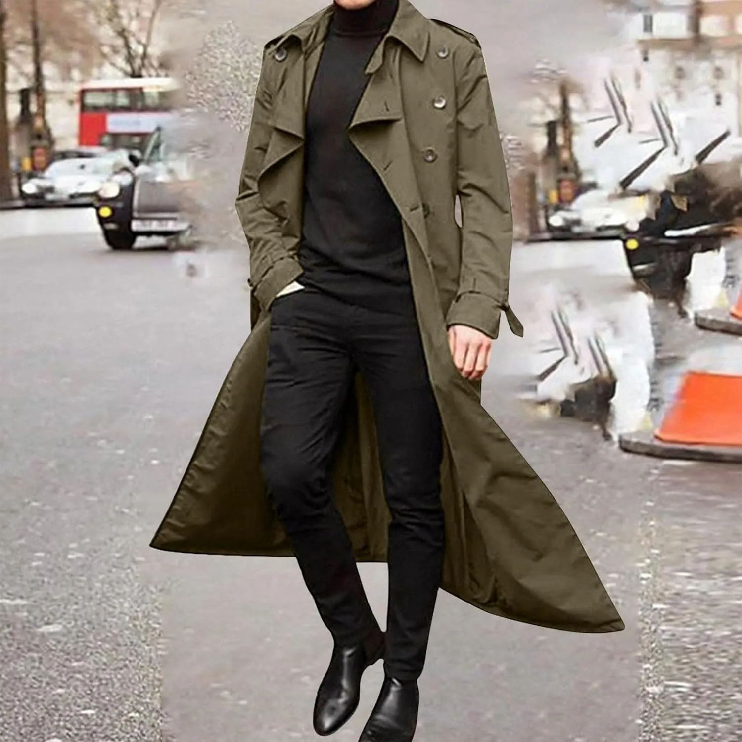 QWENTMTNTY Mens Long Trench Coat Double Breasted Belted Trench Coat Oversized Jacket Casual Business Windbreaker Overcoats
