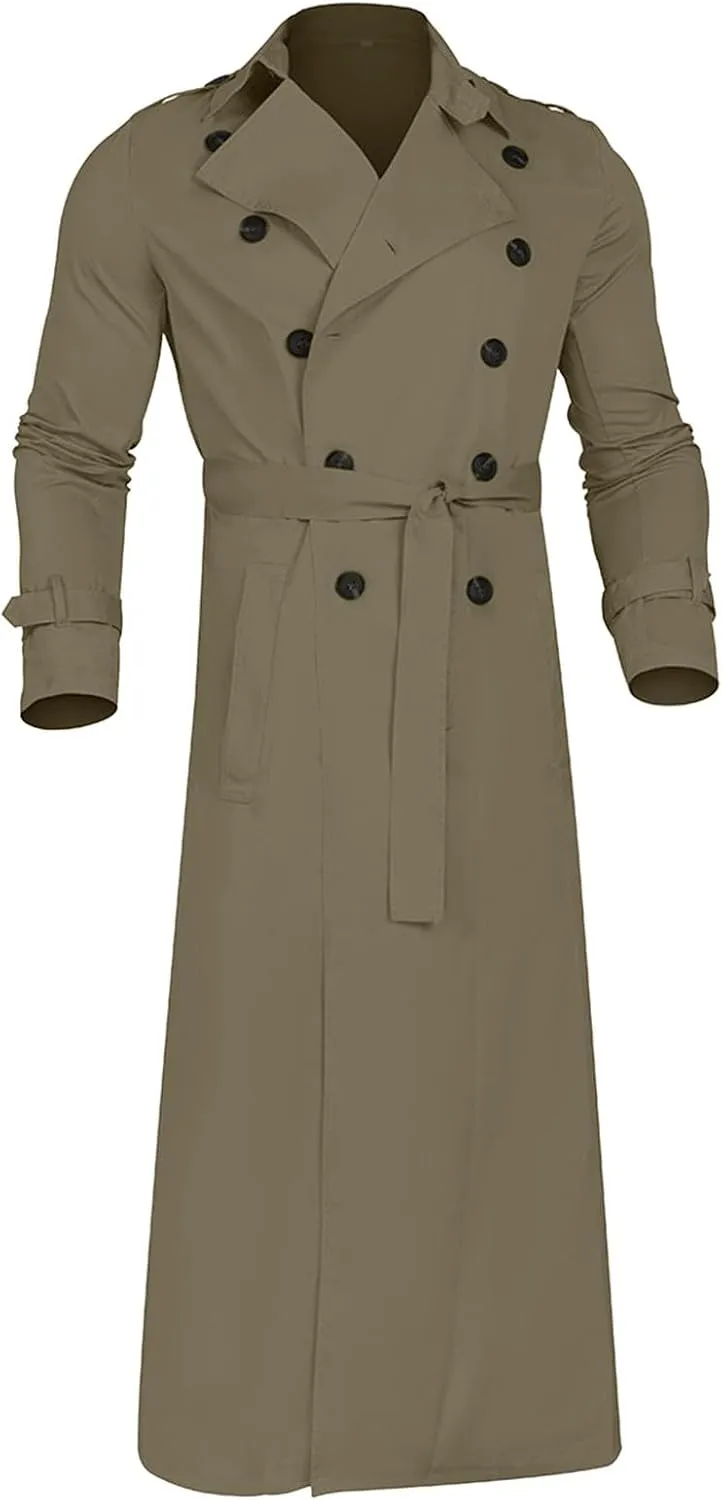 QWENTMTNTY Mens Long Trench Coat Double Breasted Belted Trench Coat Oversized Jacket Casual Business Windbreaker Overcoats