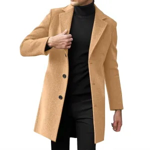 QWENTMTNTY Mens Single-Breasted Slim Fit Wool Blend Trench Coat Winter Pea Coat Notch Lapel Long Casual Business Overcoats