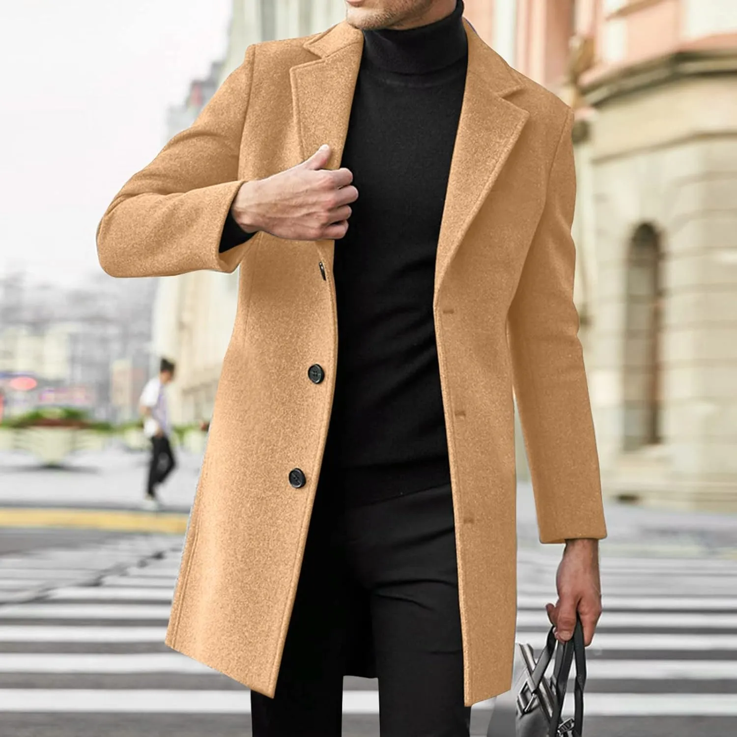 QWENTMTNTY Mens Single-Breasted Slim Fit Wool Blend Trench Coat Winter Pea Coat Notch Lapel Long Casual Business Overcoats
