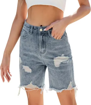 Ripped Jean Bermuda Shorts for Women Knee Length Frayed Raw Hem Denim Shorts High Waisted Stretchy Distressed Jorts