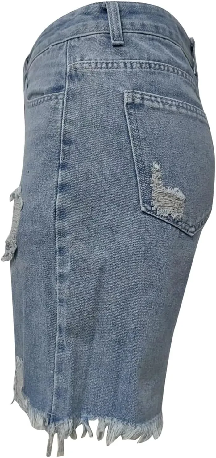 Ripped Jean Bermuda Shorts for Women Knee Length Frayed Raw Hem Denim Shorts High Waisted Stretchy Distressed Jorts