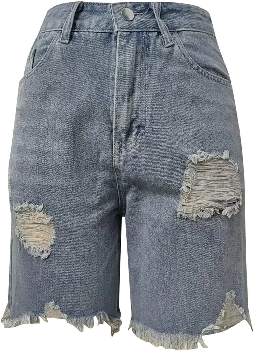 Ripped Jean Bermuda Shorts for Women Knee Length Frayed Raw Hem Denim Shorts High Waisted Stretchy Distressed Jorts