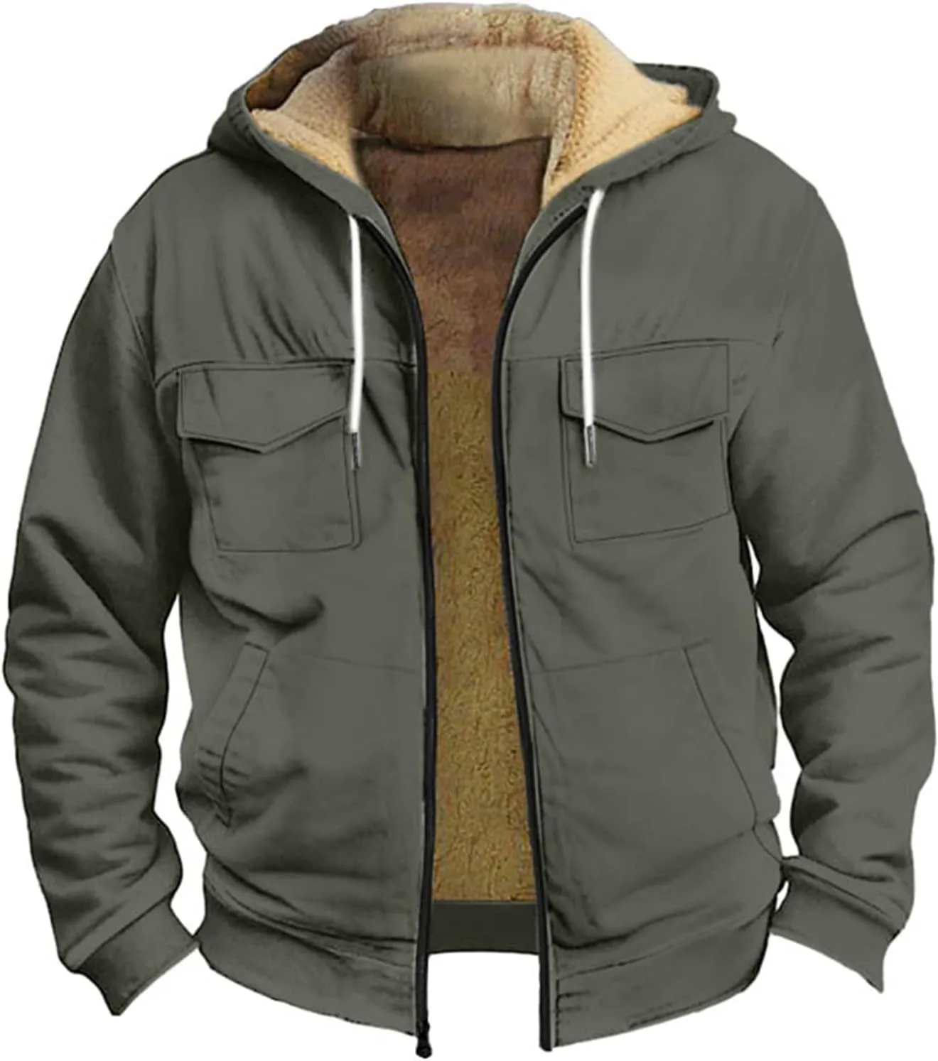 RTRDE Mens Fuzzy Jacket Casual Solid Color Sherpa Fleece Lined Hoodie Jackets Winter Warm Work Coats Jacket, S-5XL