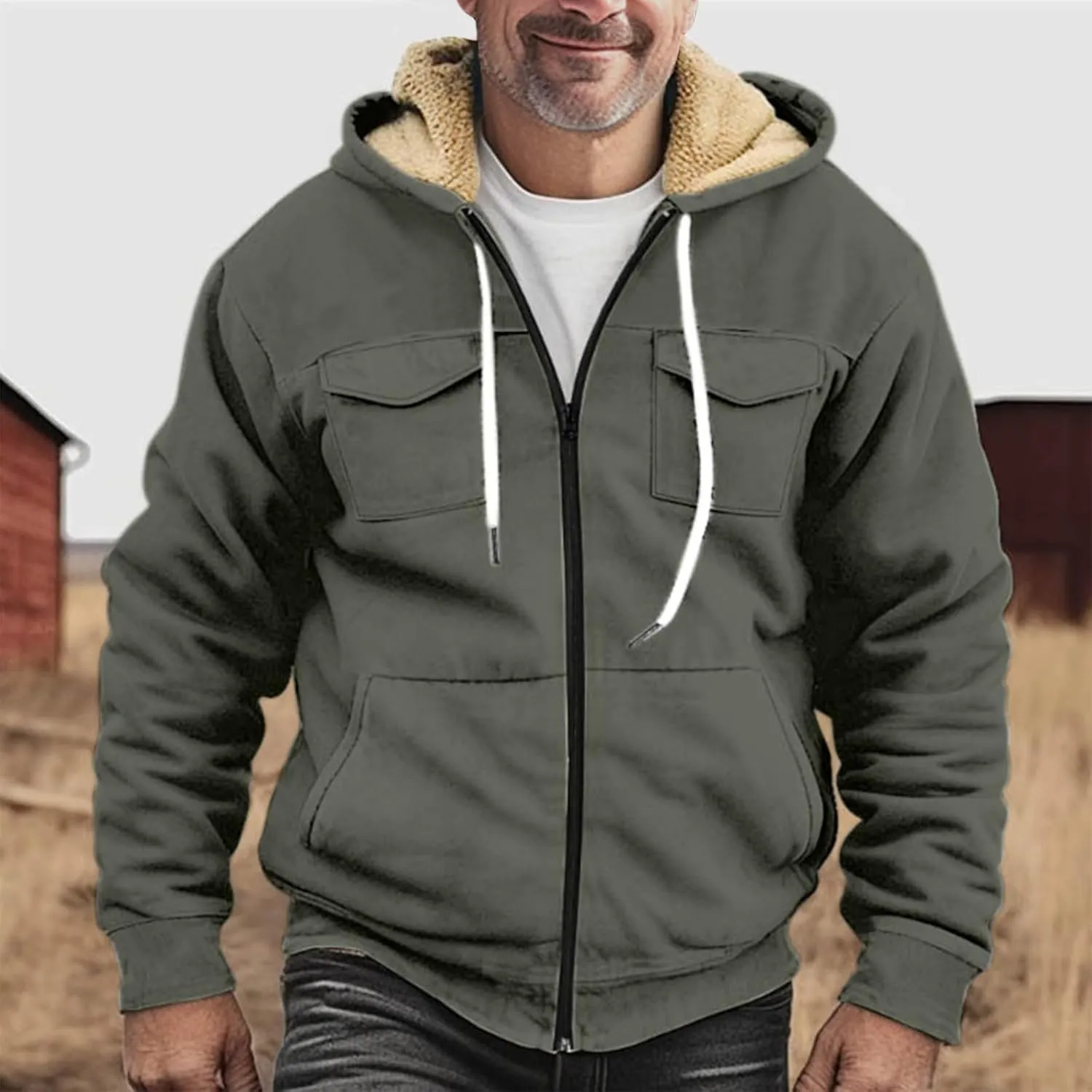RTRDE Mens Fuzzy Jacket Casual Solid Color Sherpa Fleece Lined Hoodie Jackets Winter Warm Work Coats Jacket, S-5XL
