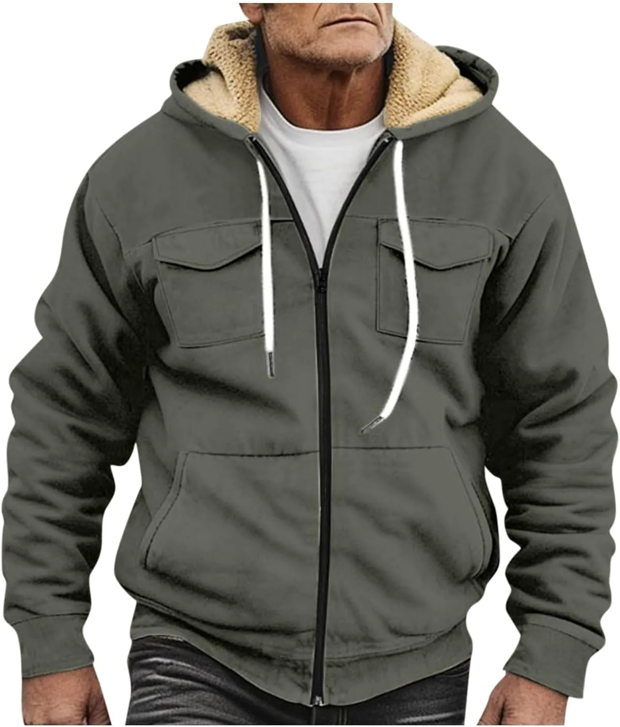 RTRDE Mens Fuzzy Jacket Casual Solid Color Sherpa Fleece Lined Hoodie Jackets Winter Warm Work Coats Jacket, S-5XL