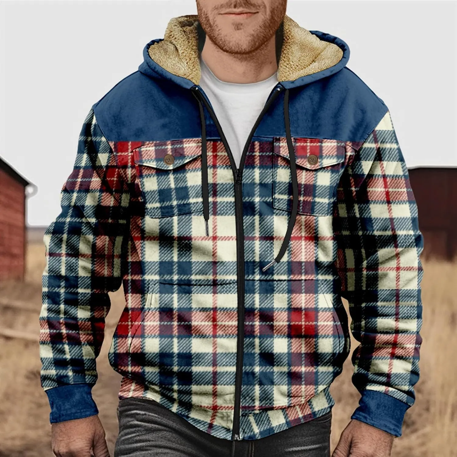 RTRDE Mens Work Coats and Jacket Plaid Fleece Sherpa Lined Heavyweight Thick Zip Up Hoodie Coats Outwear Coat, M-6XL
